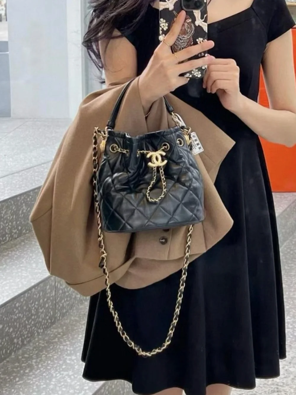 Chanel Black Quilted Leather Bucket Bag with Gold Chain
